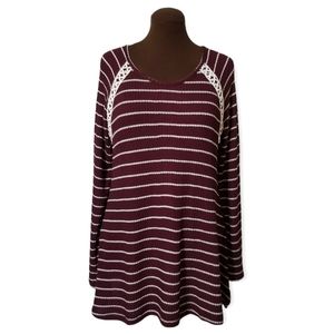 One World Striped Lace Appliqué Top XL - Burgundy & White Bohemian Knit NWT